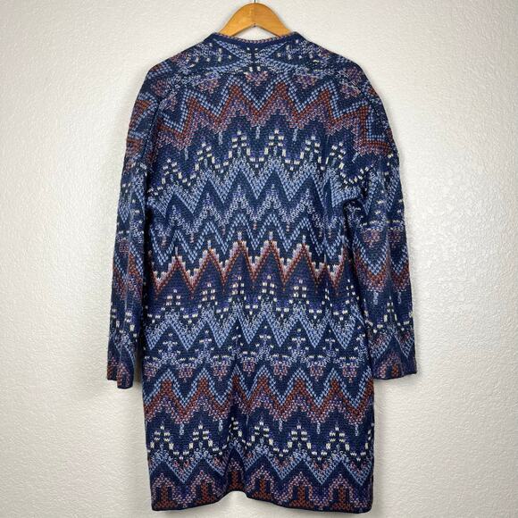 Lucky Brand Cardigan Womens Small Blue Long Duster Ikat Wool Blend Boho Western - Picture 2 of 7
